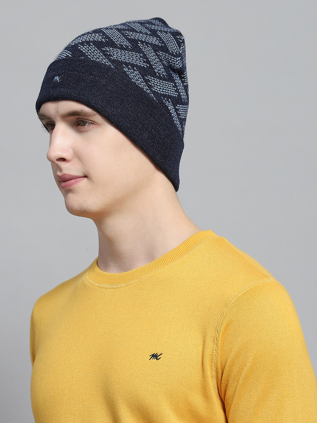 Men Navy Blue Self Design Cap