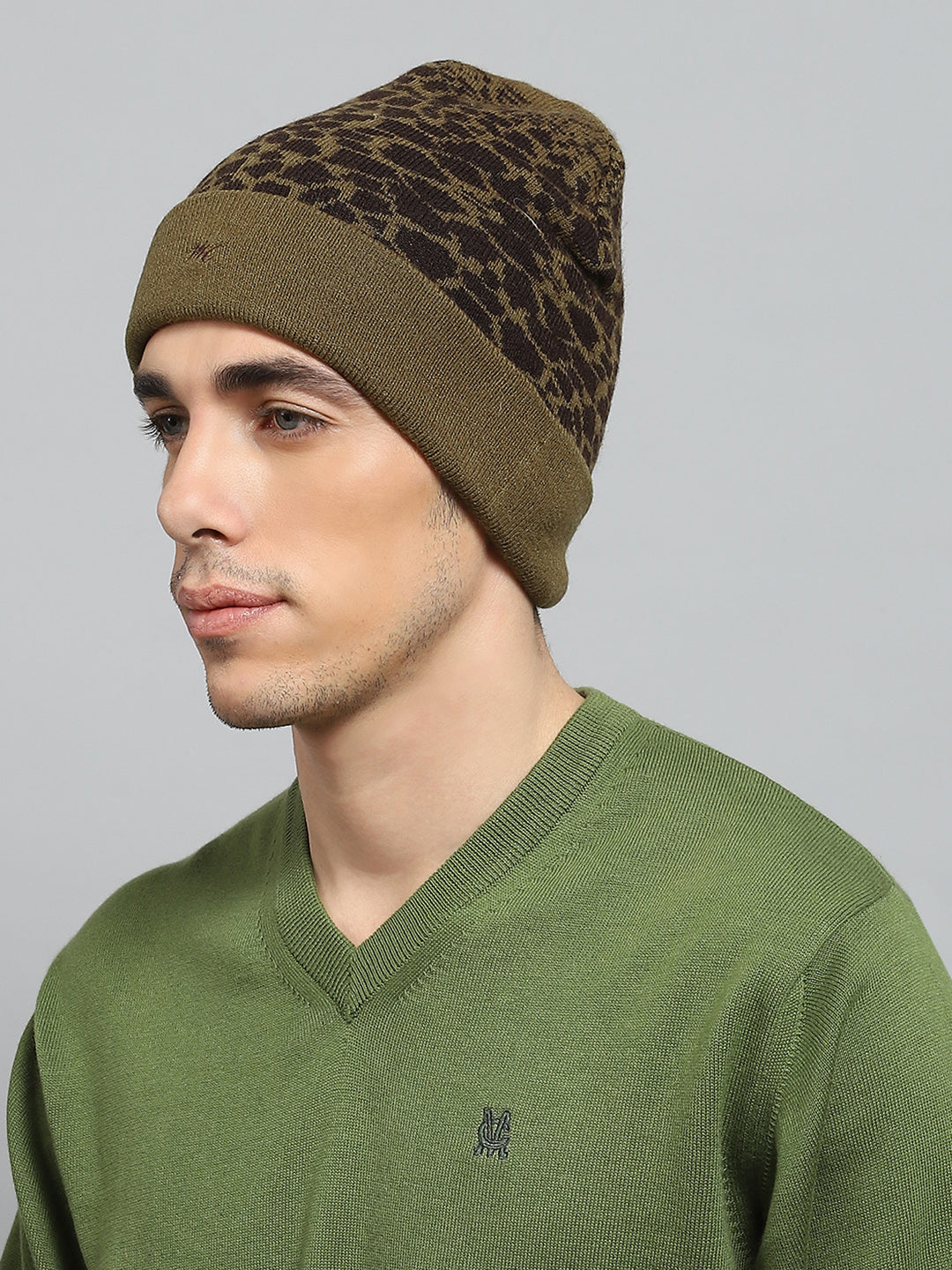 Men Olive Self Design Cap