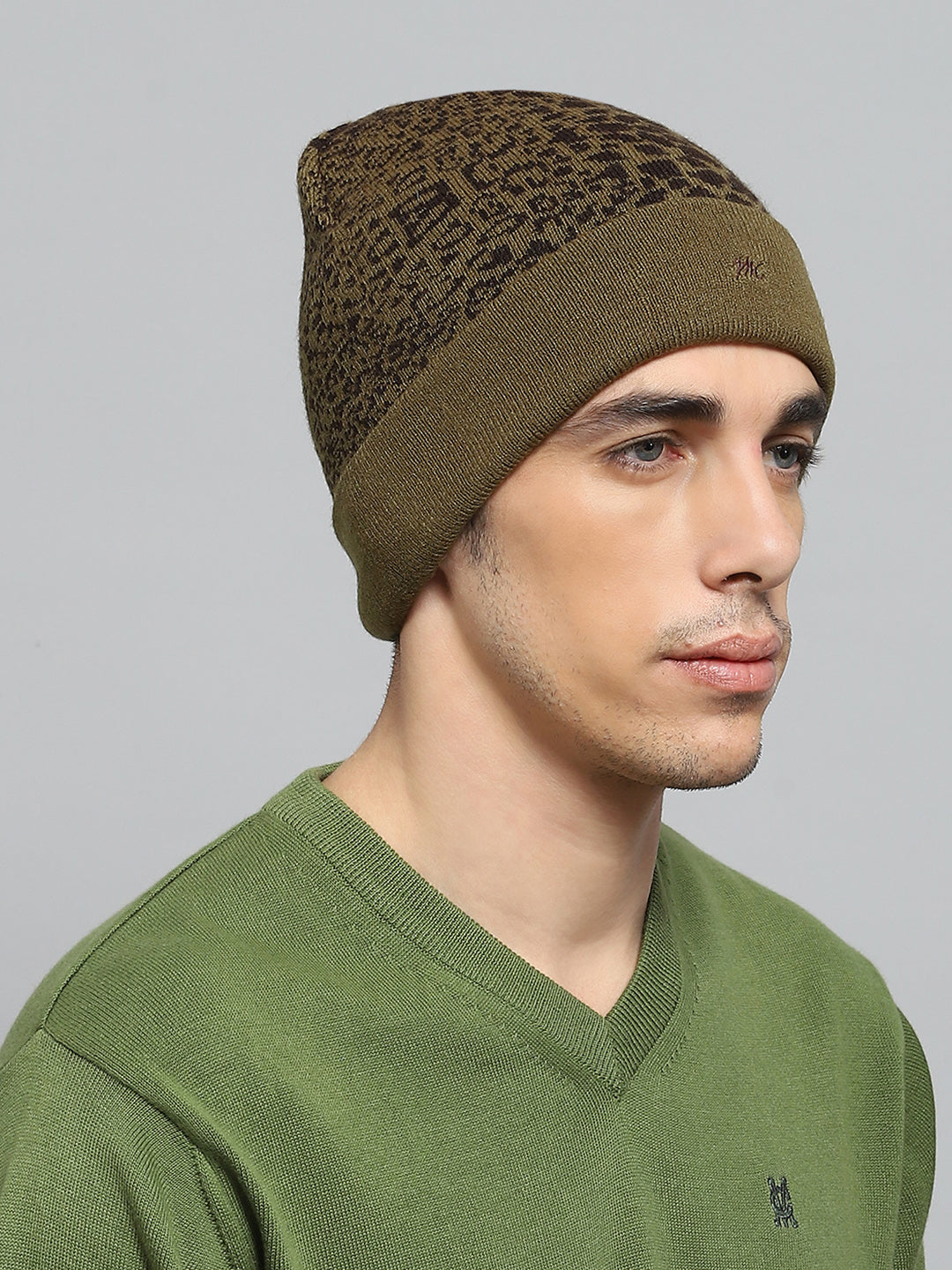 Men Olive Self Design Cap