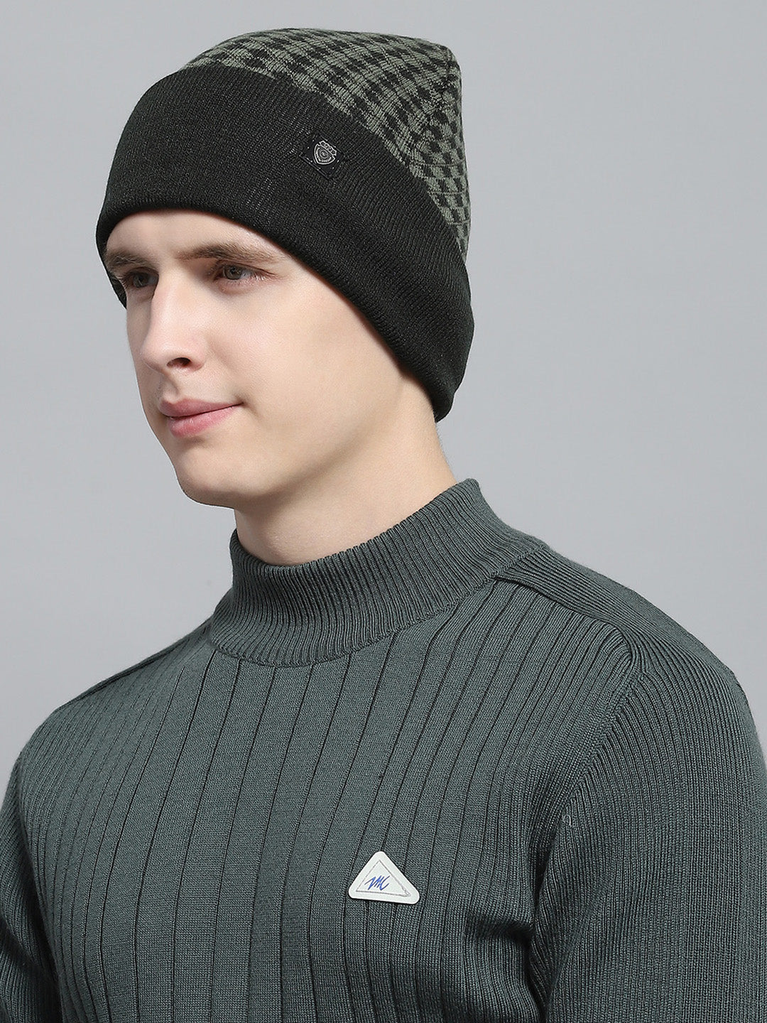 Men Olive Self Design Cap