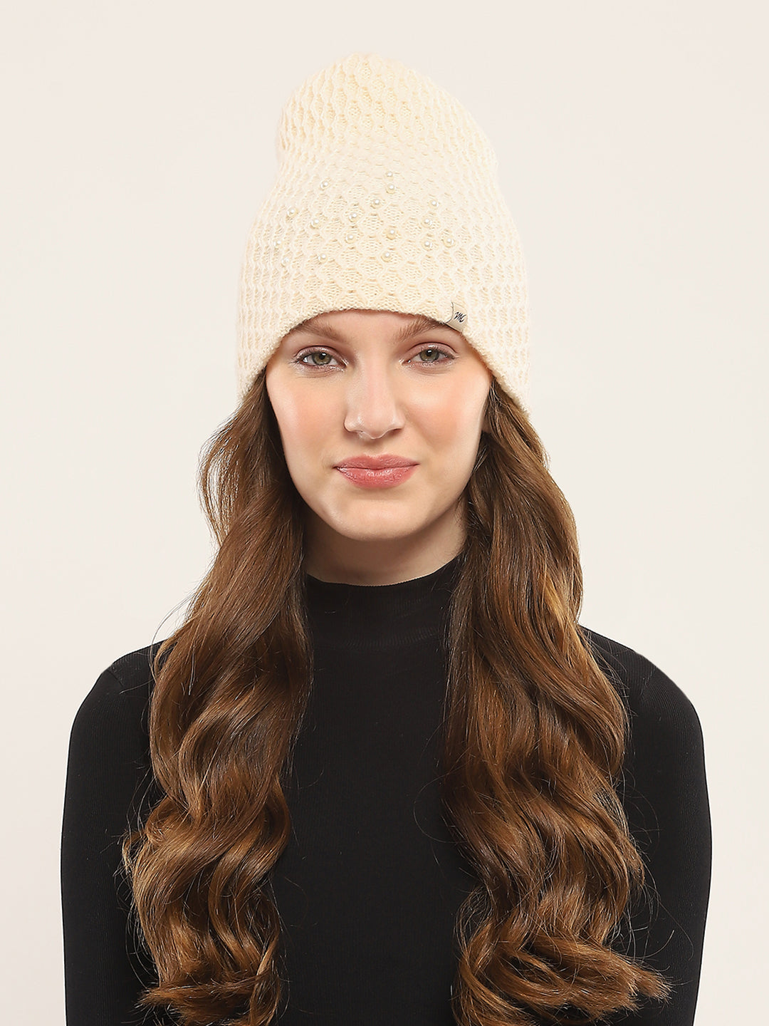 Women Cream Self Design Cap