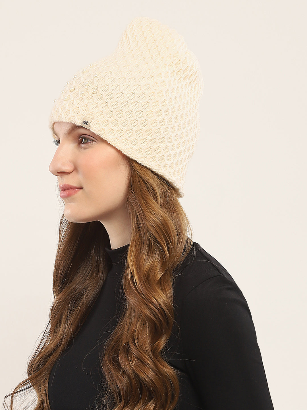 Women Cream Self Design Cap
