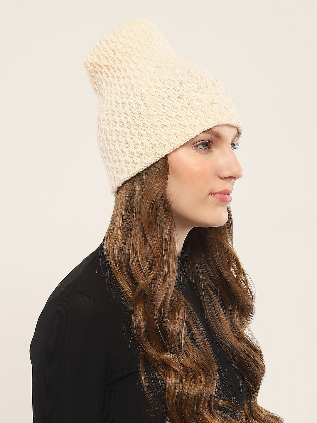 Women Cream Self Design Cap