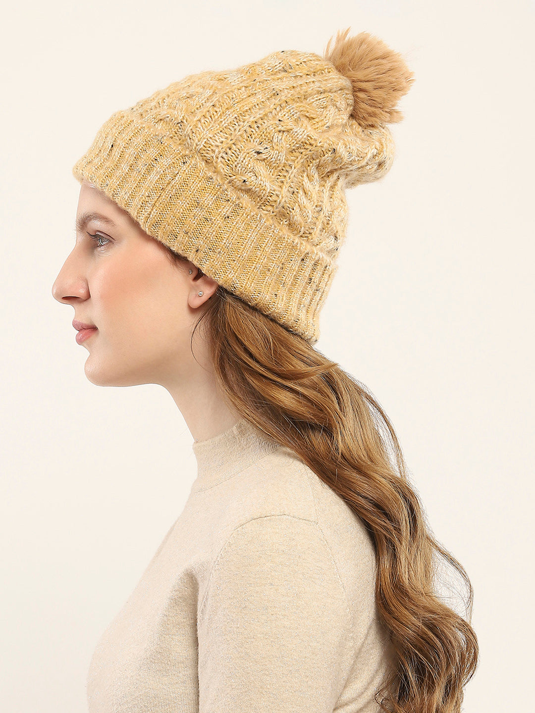 Women Cream Self Design Cap