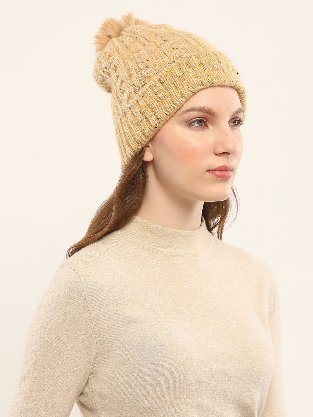 Women Cream Self Design Cap