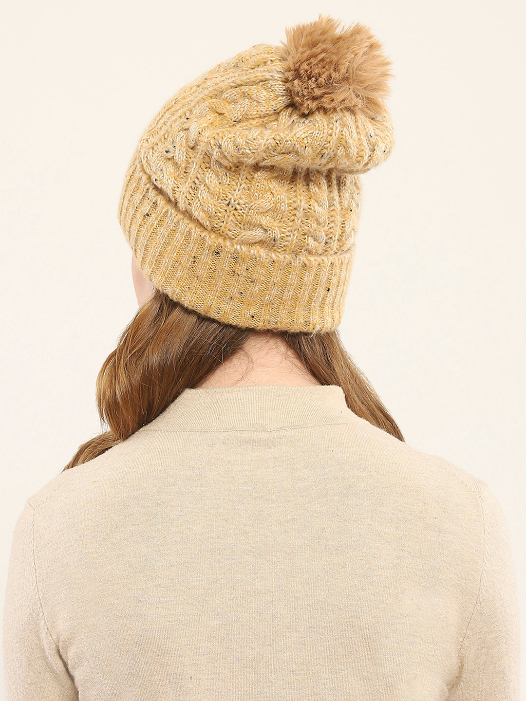 Women Cream Self Design Cap