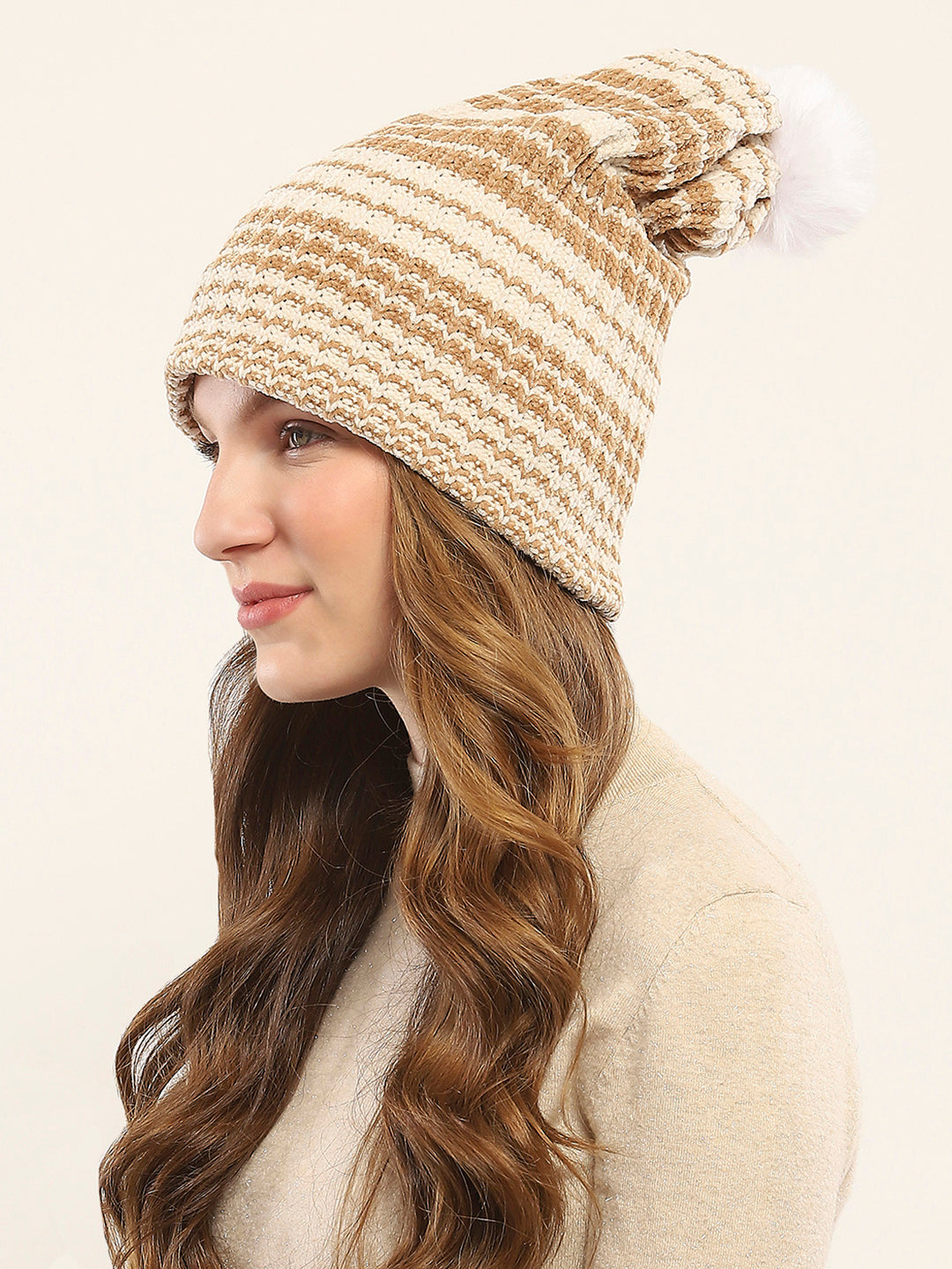 Women Camel Brown Self Design Cap