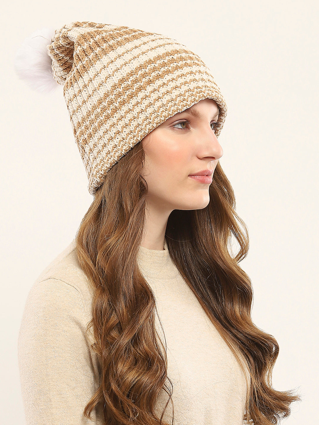 Women Camel Brown Self Design Cap