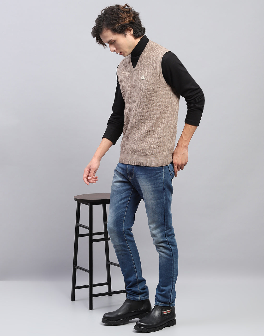 Men Beige Self Design V Neck Sleeveless Sweater