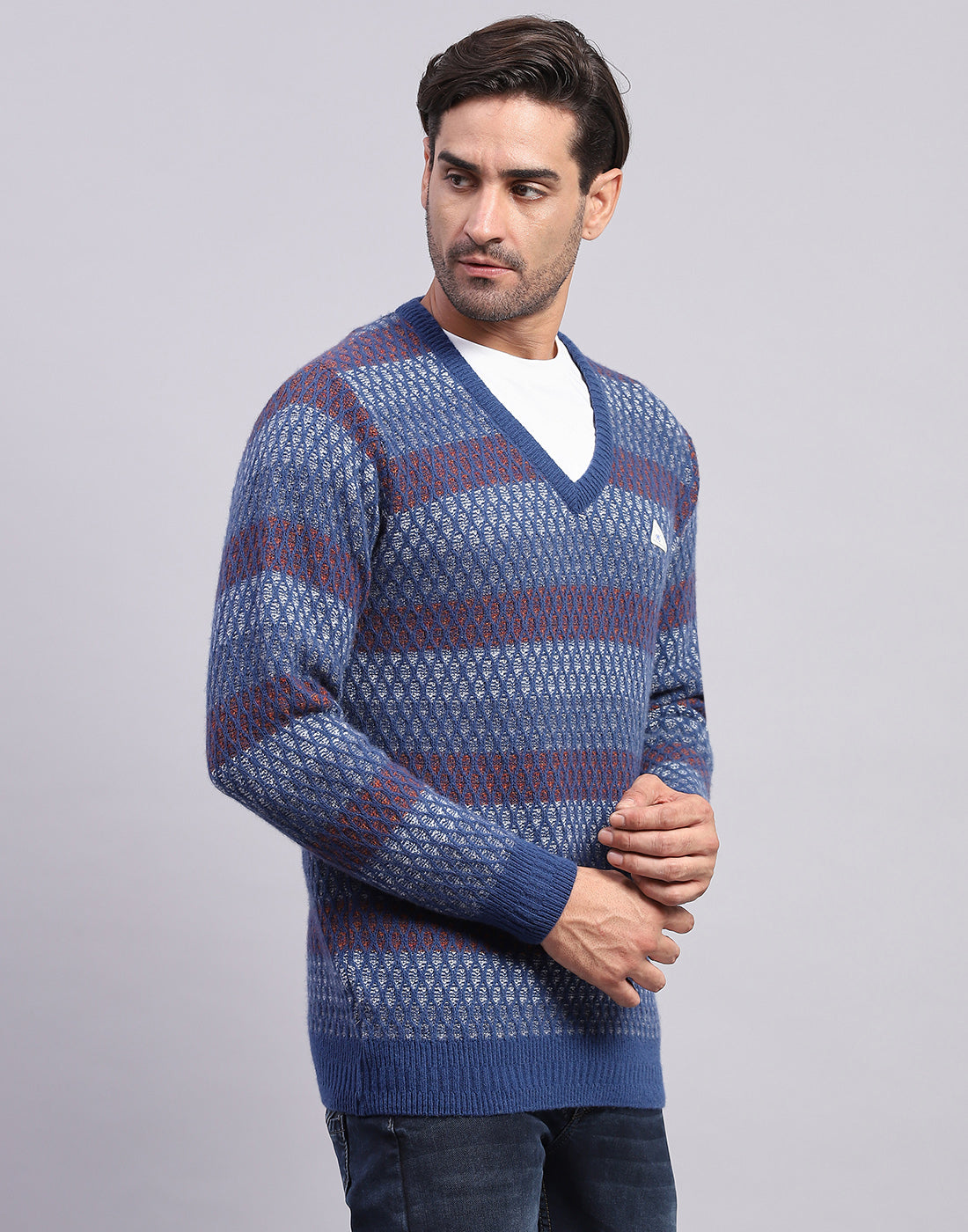 Men Navy Blue Self Design V Neck Full Sleeve Pullover