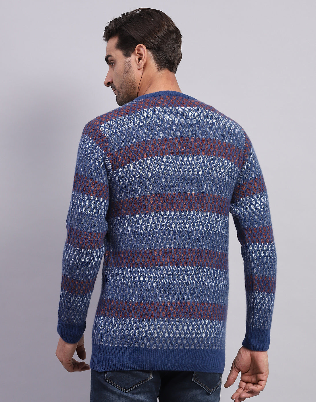 Men Navy Blue Self Design V Neck Full Sleeve Pullover