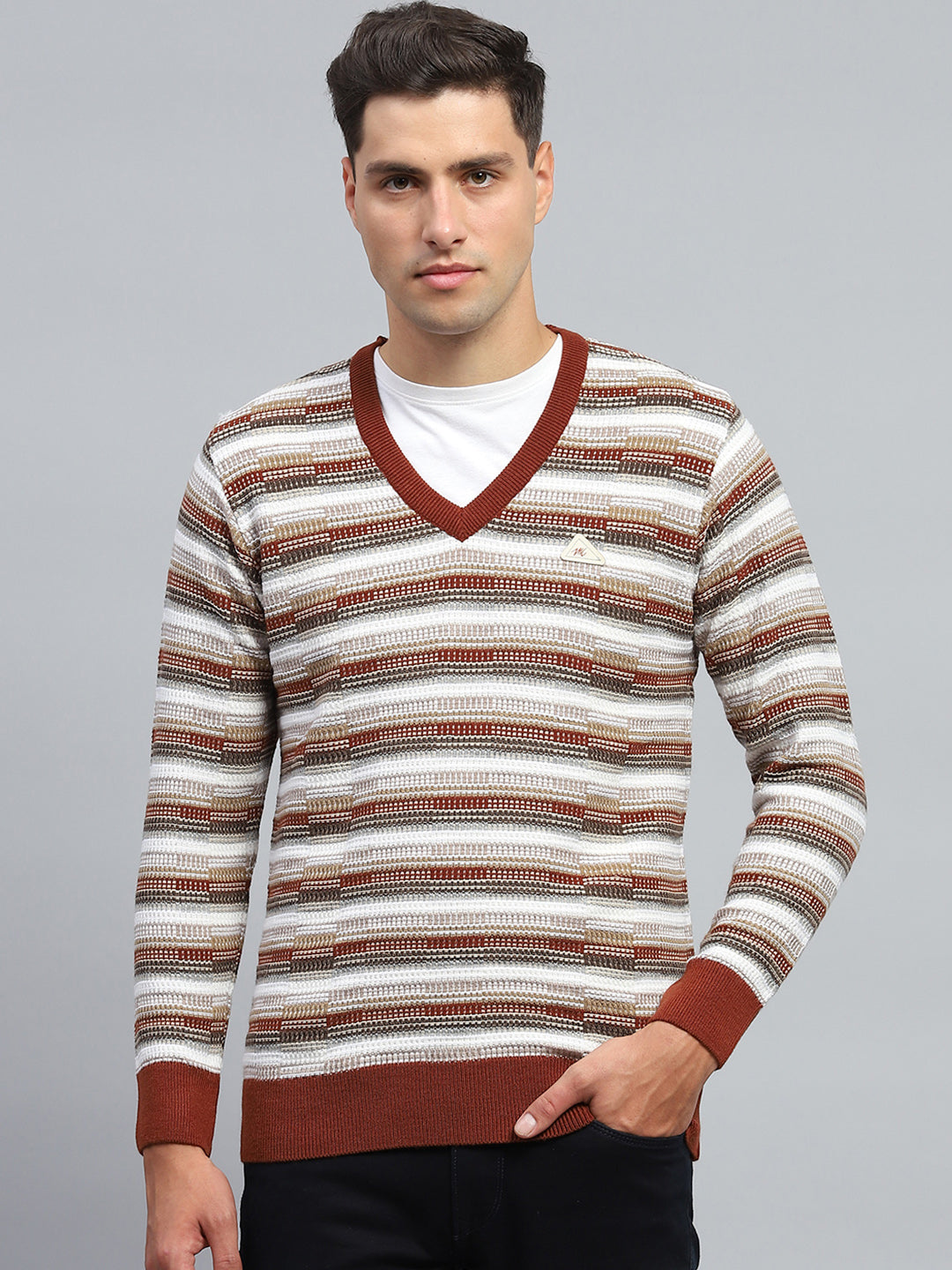 Men Brown Stripe V Neck Full Sleeve Pullover