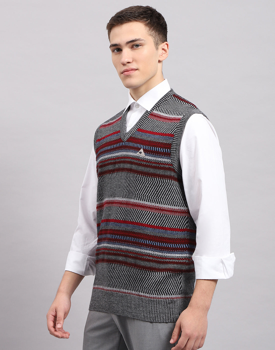 Men Grey Stripe V Neck Sleeveless Sweater