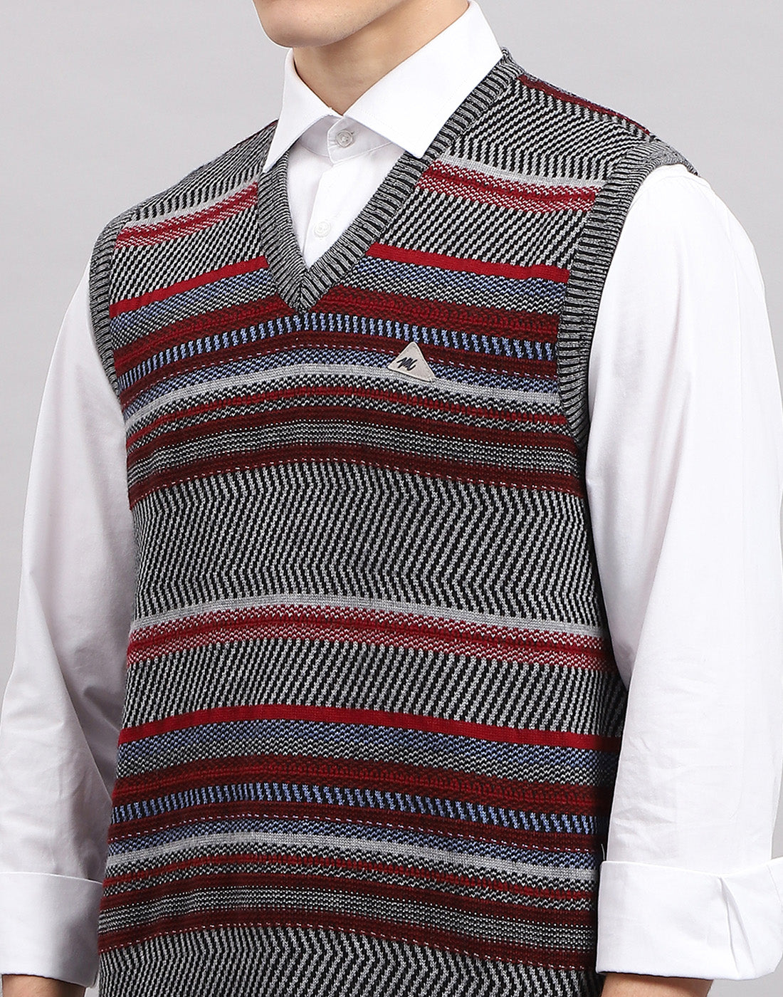 Men Grey Stripe V Neck Sleeveless Sweater