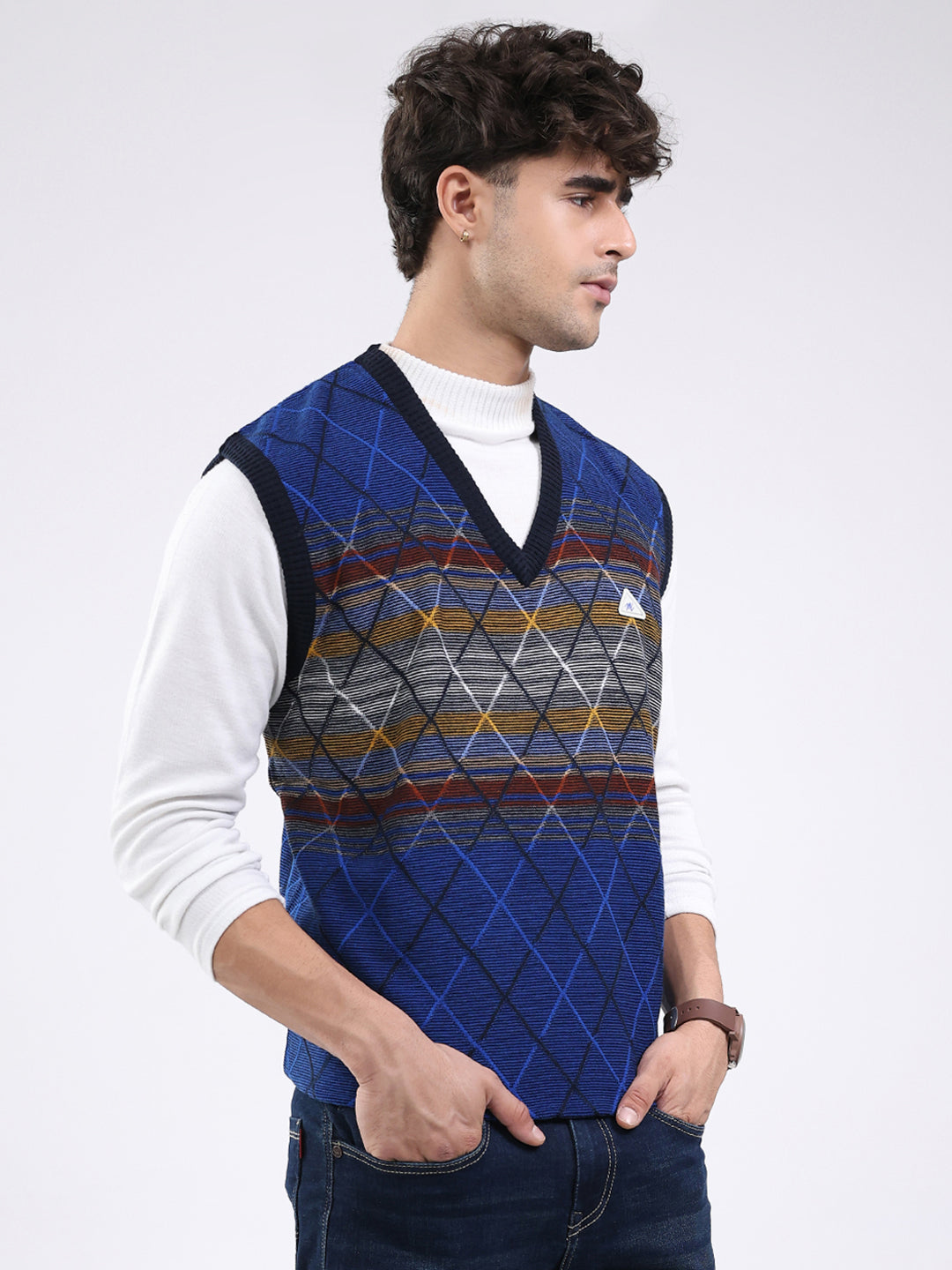 Men Blue Abstract V Neck Sleeveless Sweater