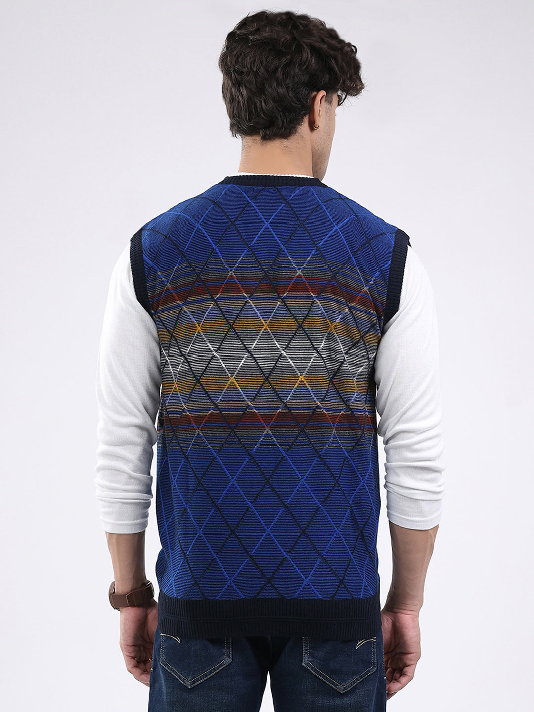 Men Blue Abstract V Neck Sleeveless Sweater