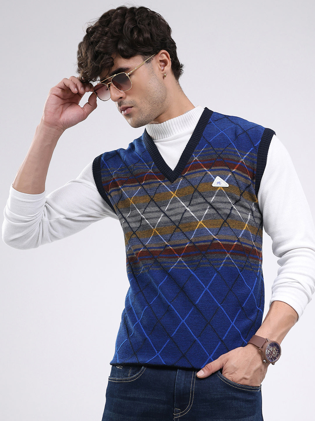 Men Blue Abstract V Neck Sleeveless Sweater