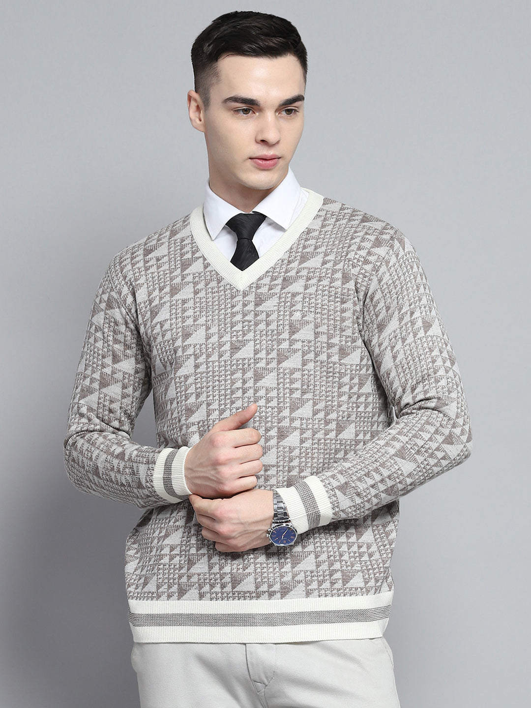 Men Brown Self Design V Neck Full Sleeve Pullover