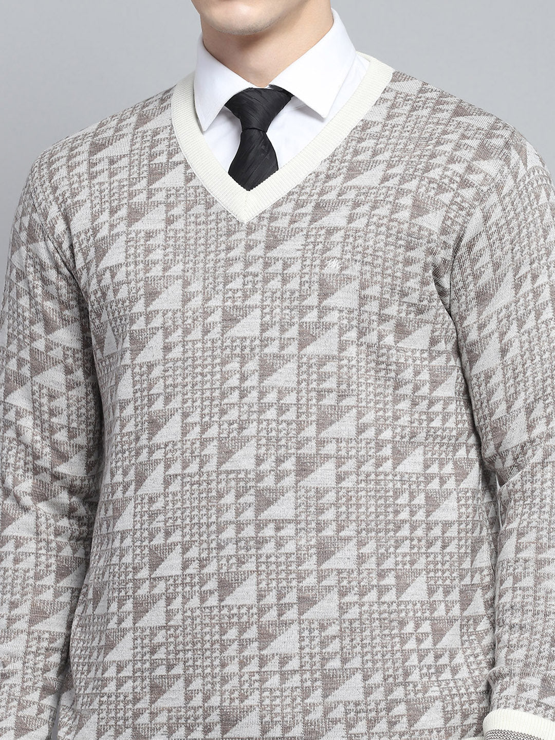 Men Brown Self Design V Neck Full Sleeve Pullover