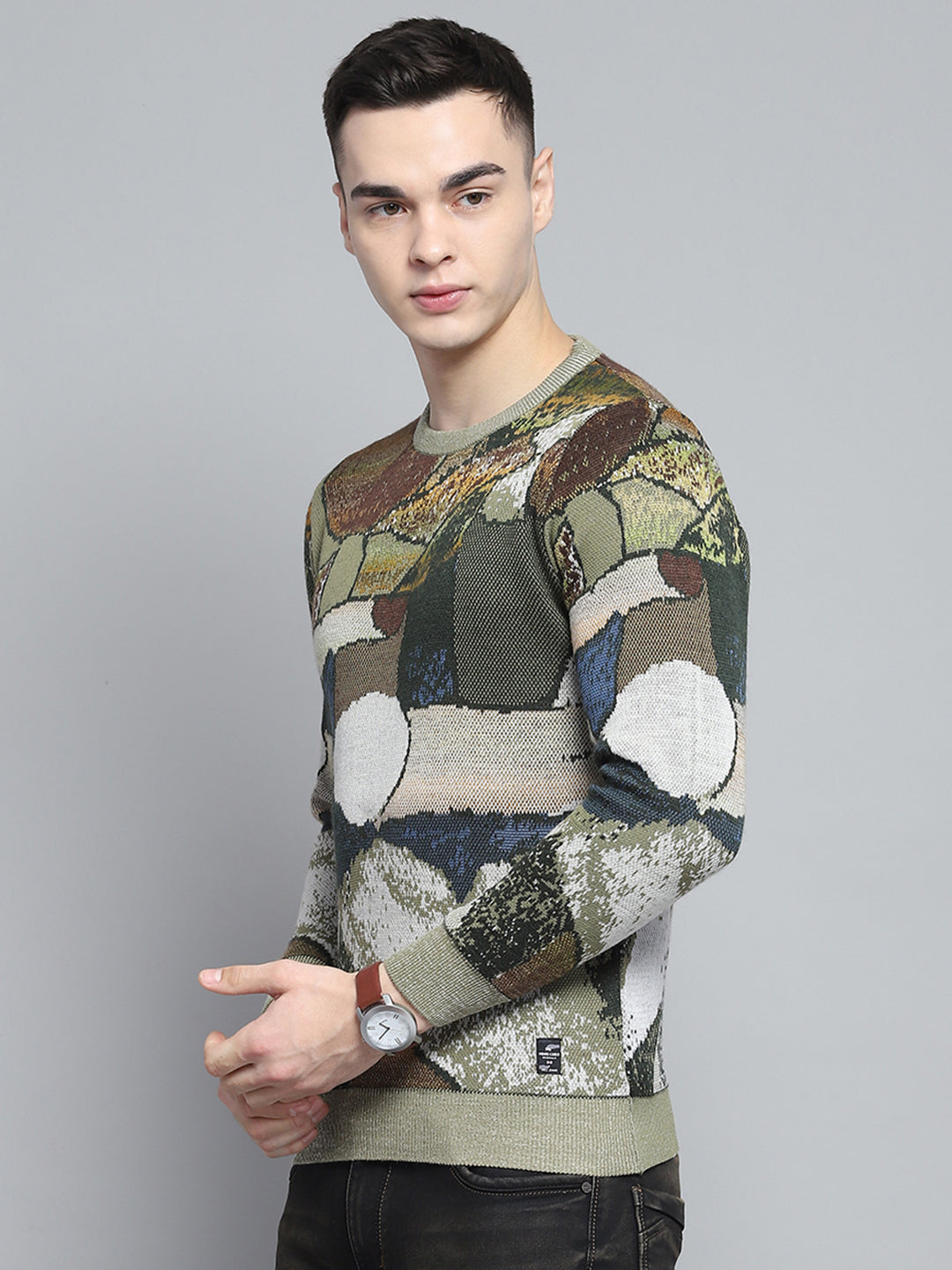 Men Green Self Design Round Neck Full Sleeve Pullover