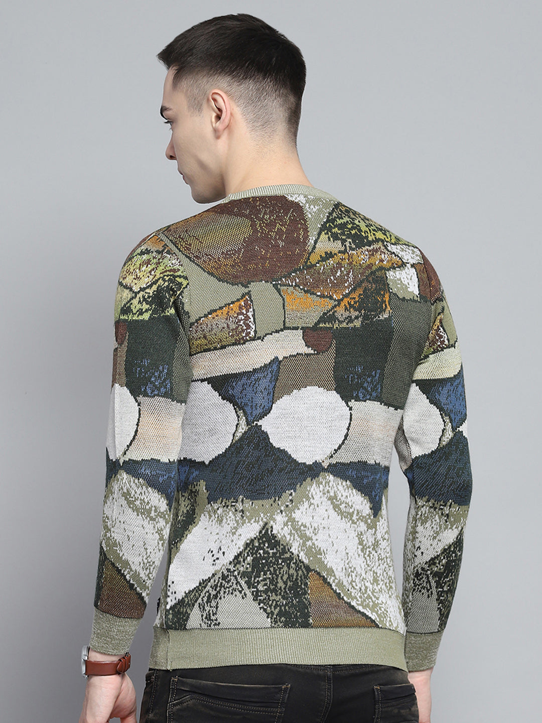 Men Green Self Design Round Neck Full Sleeve Pullover