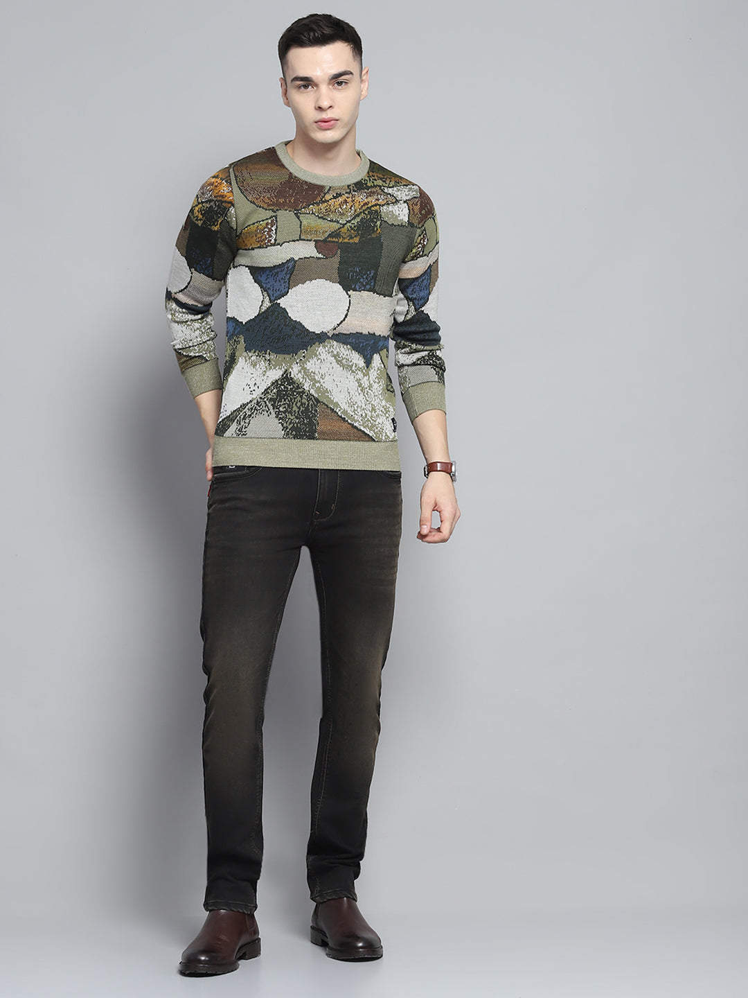 Men Green Self Design Round Neck Full Sleeve Pullover