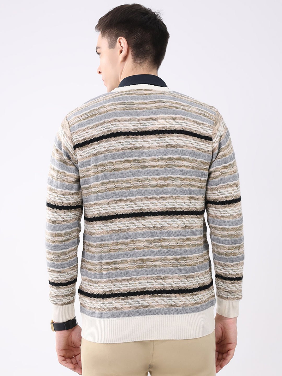 Men White Abstract V Neck Full Sleeve Pullover