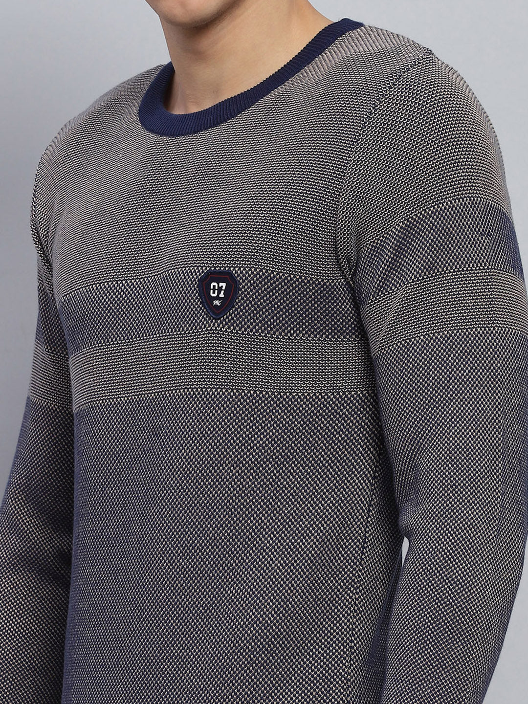 Men Blue Self Design Round Neck Full Sleeve Pullover