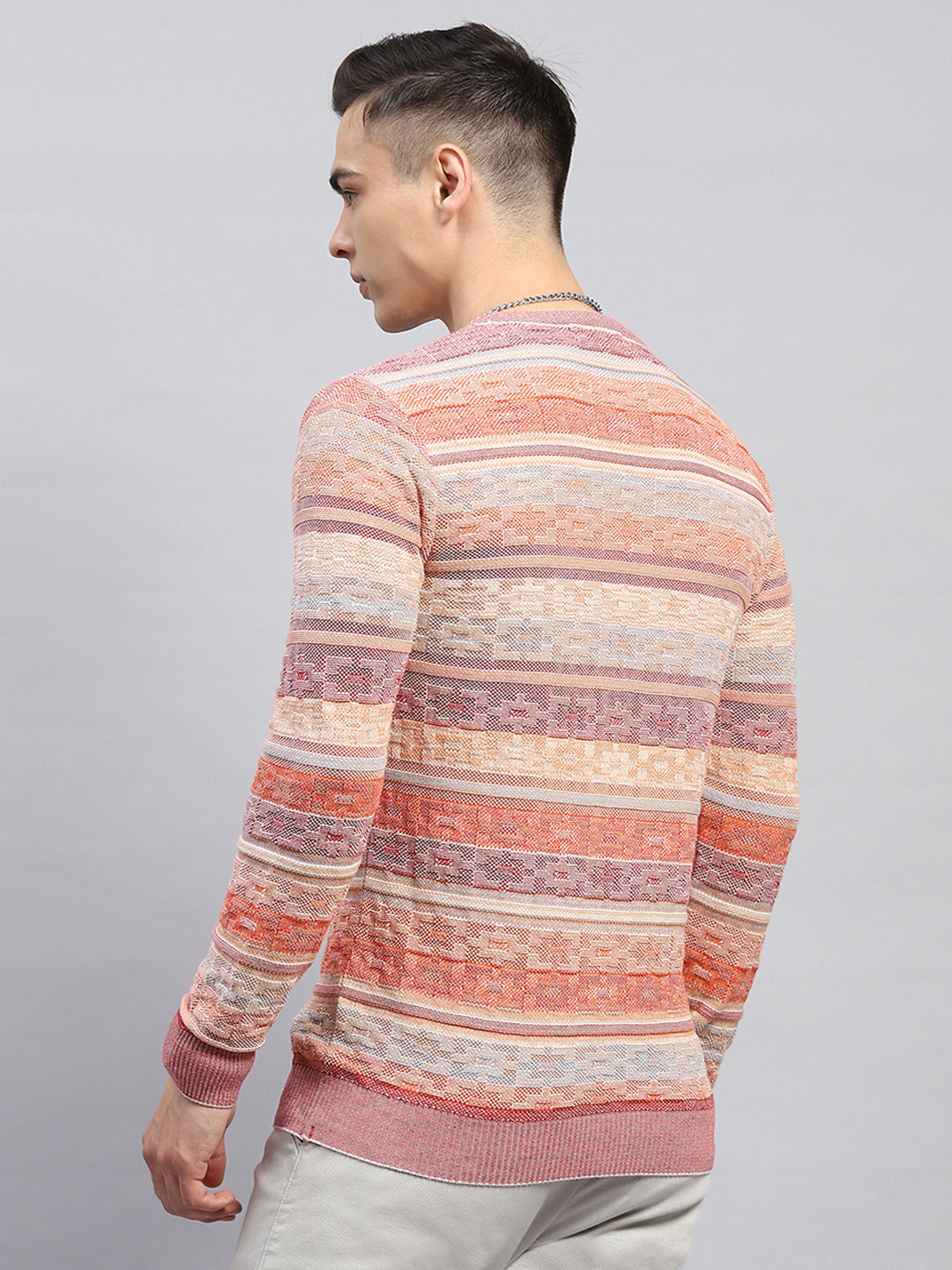 Men Pink Stripe Round Neck Full Sleeve Pullover