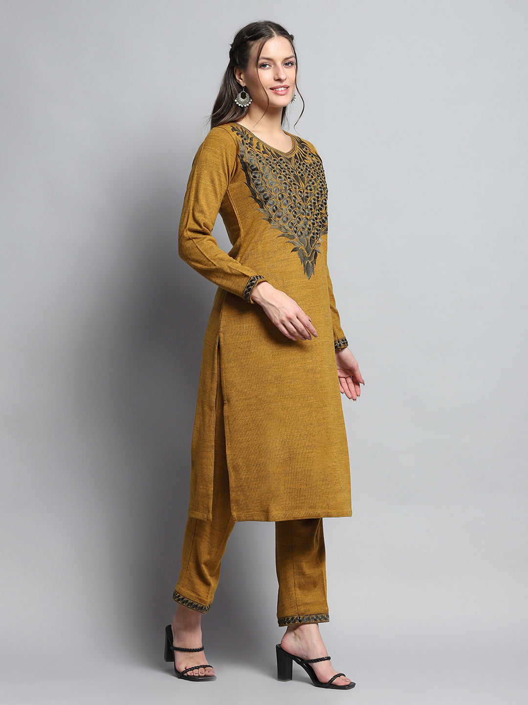 Women Mustard Self Design Round Neck Full Sleeve Kurti Set for Winter