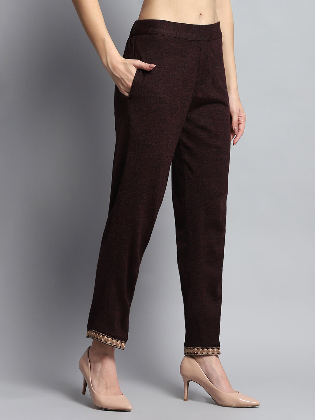 Women Maroon Self Design Round Neck Full Sleeve Kurti Set for Winter