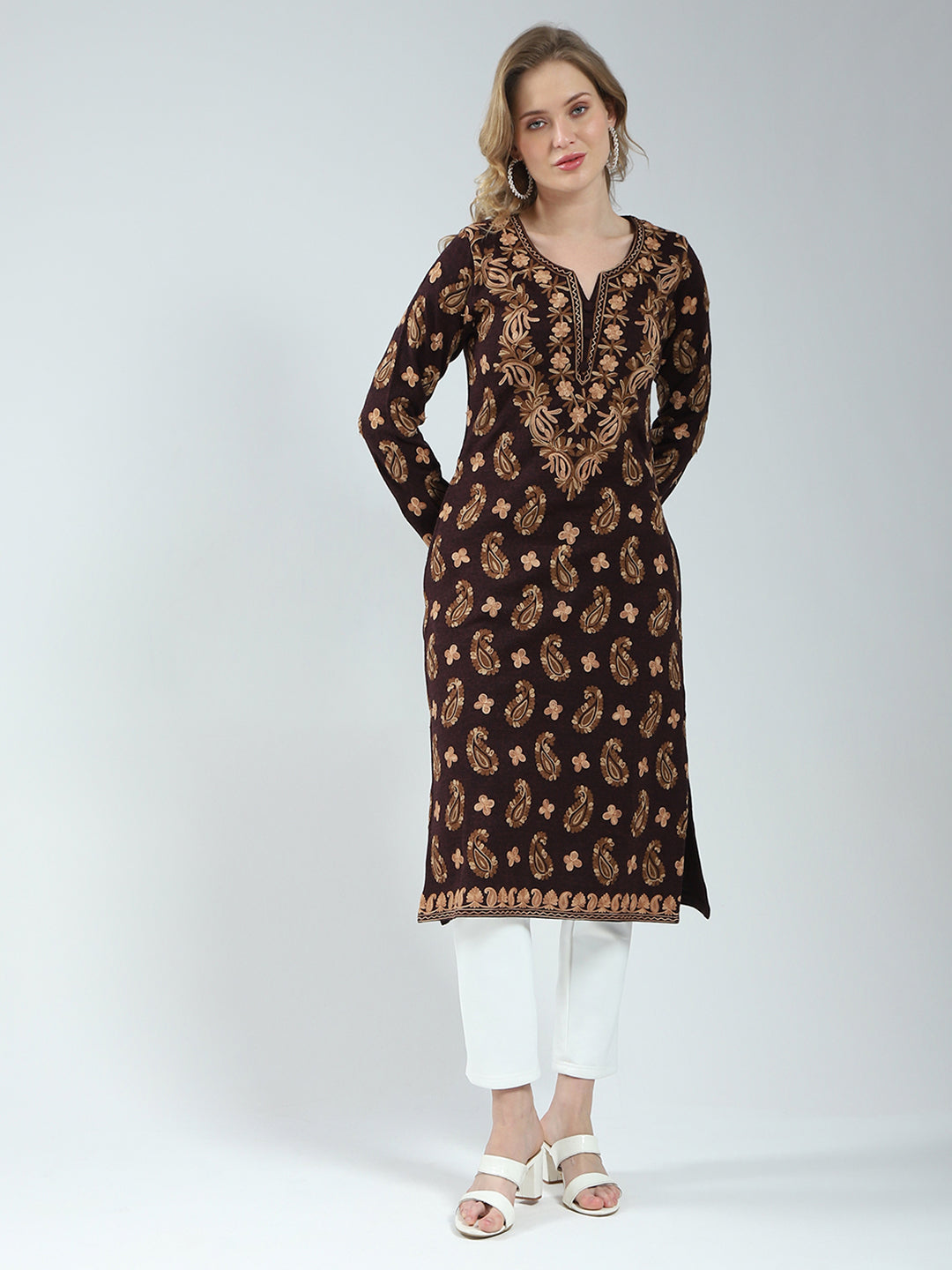 Women Maroon Printed V Neck Full Sleeve Winter Kurti
