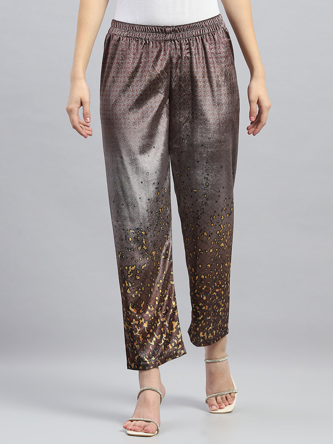 Women Brown Printed Round Neck Full Sleeve Kurti Set