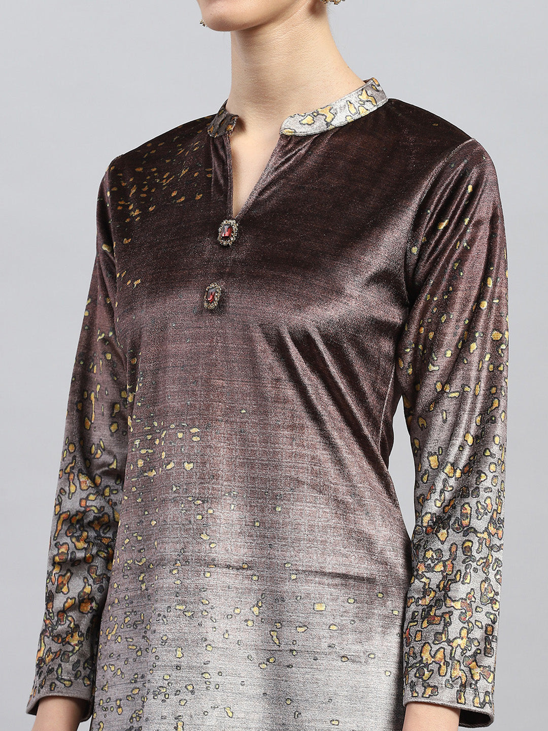 Women Brown Printed Round Neck Full Sleeve Kurti Set