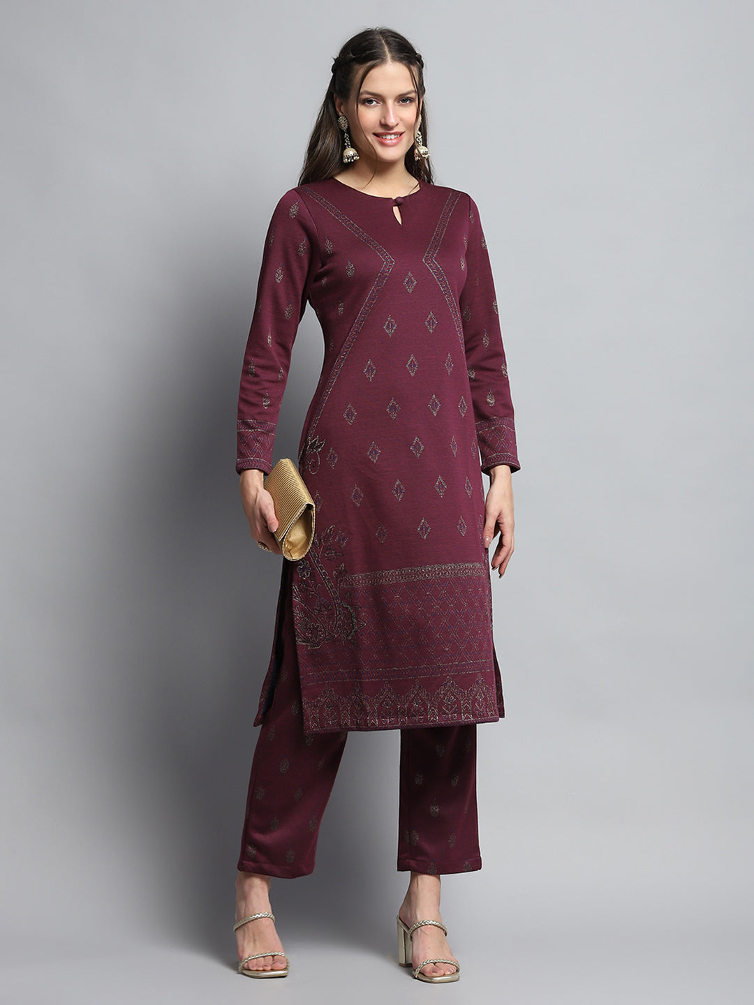 Women Burgundy Self Design Round Neck Full Sleeve Kurti Set for Winter