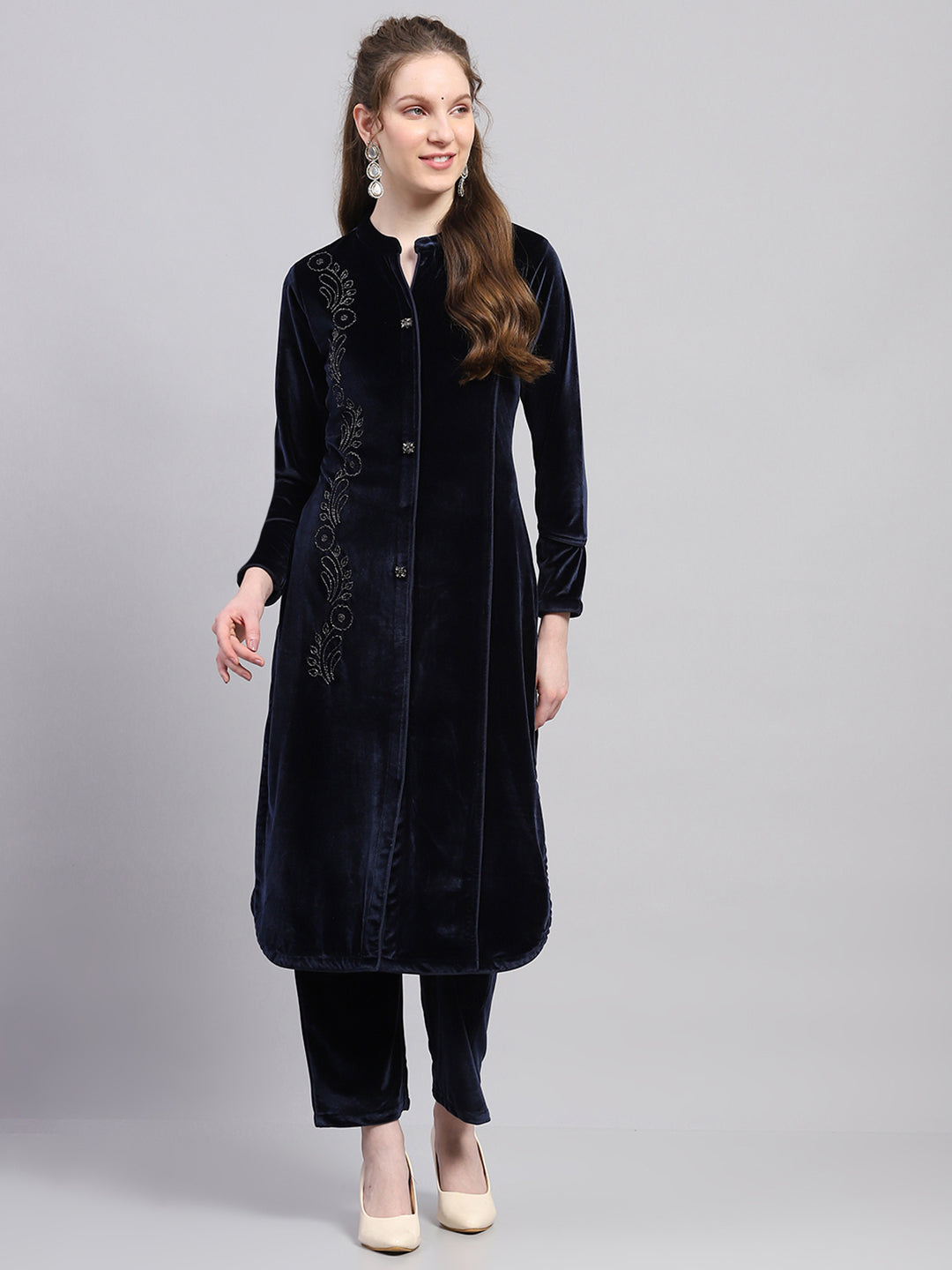 Women Blue Self Design Round Neck Full Sleeve Kurti Set