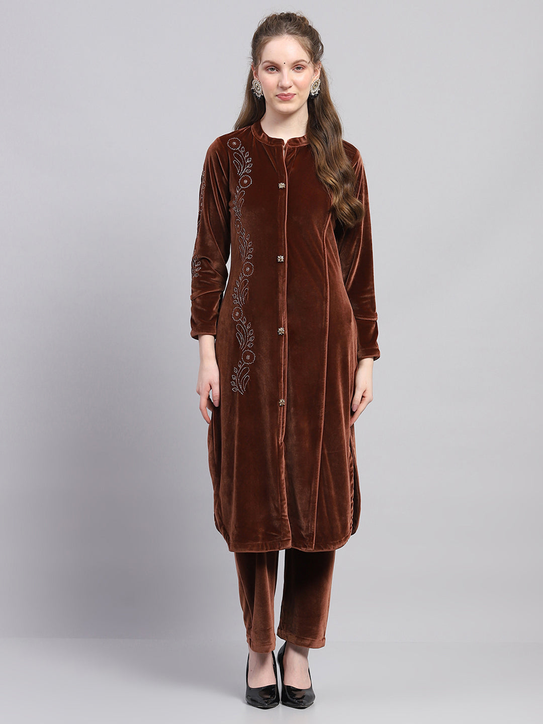 Women Brown Self Design Round Neck Full Sleeve Kurti Set