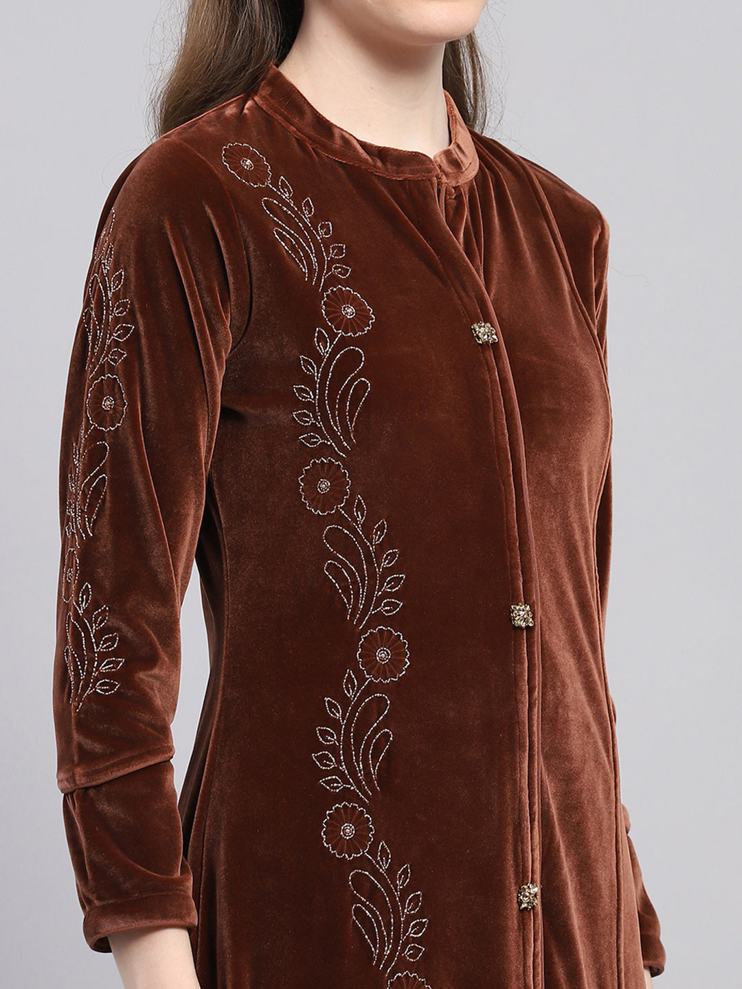 Women Brown Self Design Round Neck Full Sleeve Kurti Set