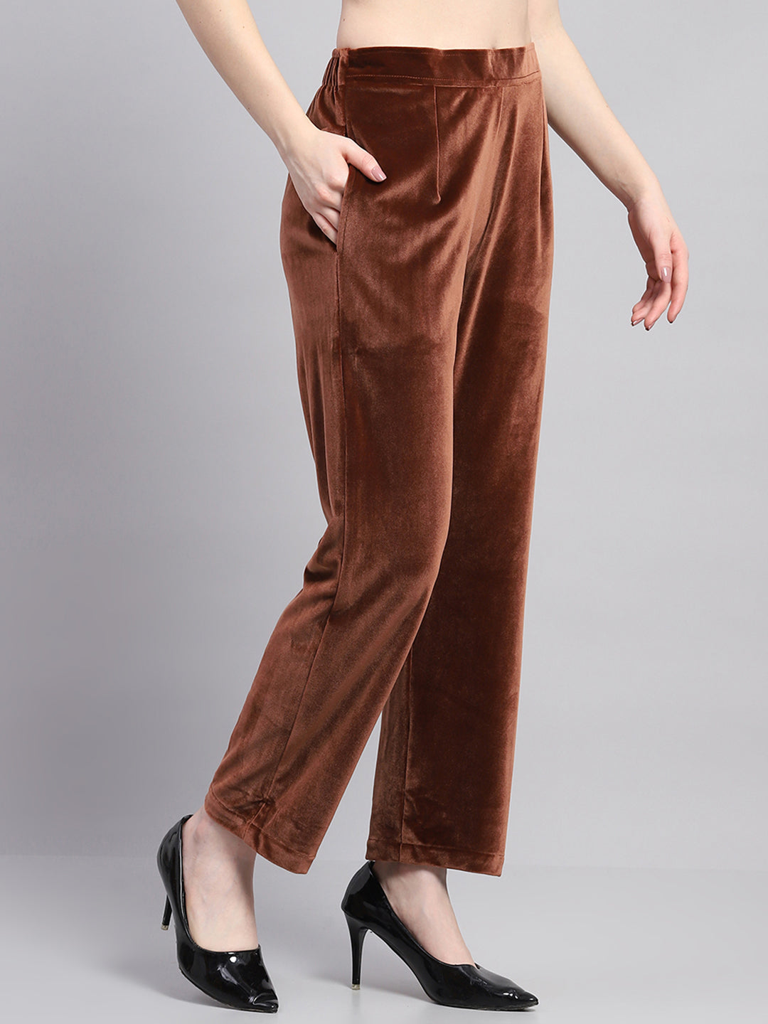 Women Brown Self Design Round Neck Full Sleeve Kurti Set