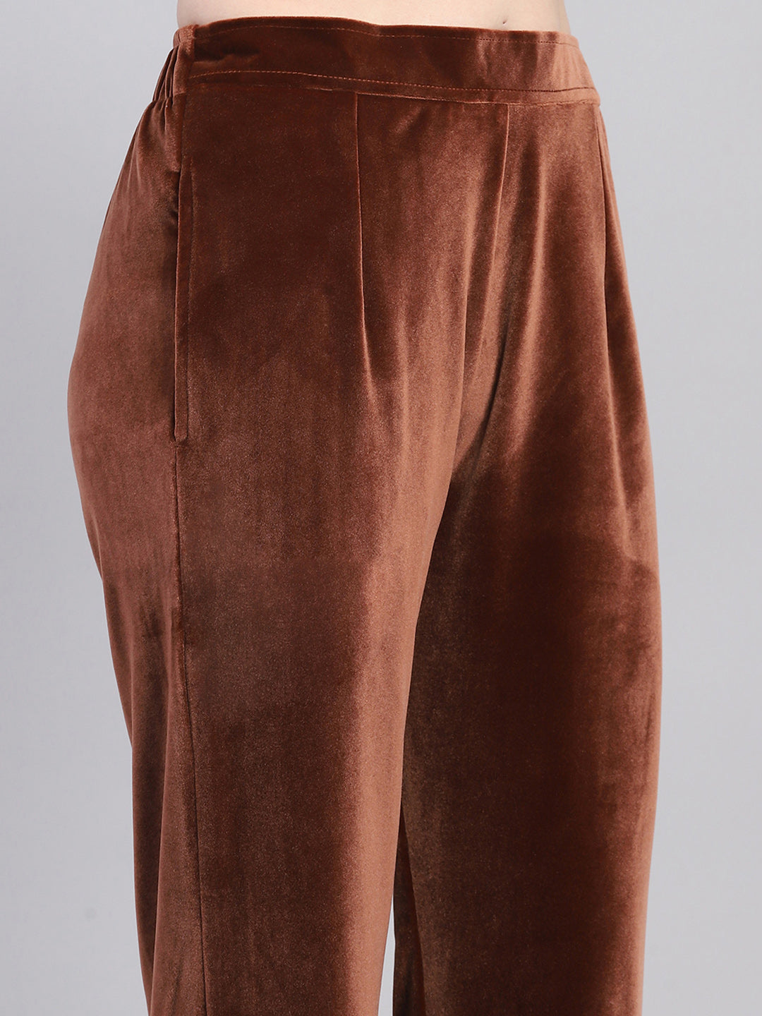 Women Brown Self Design Round Neck Full Sleeve Kurti Set