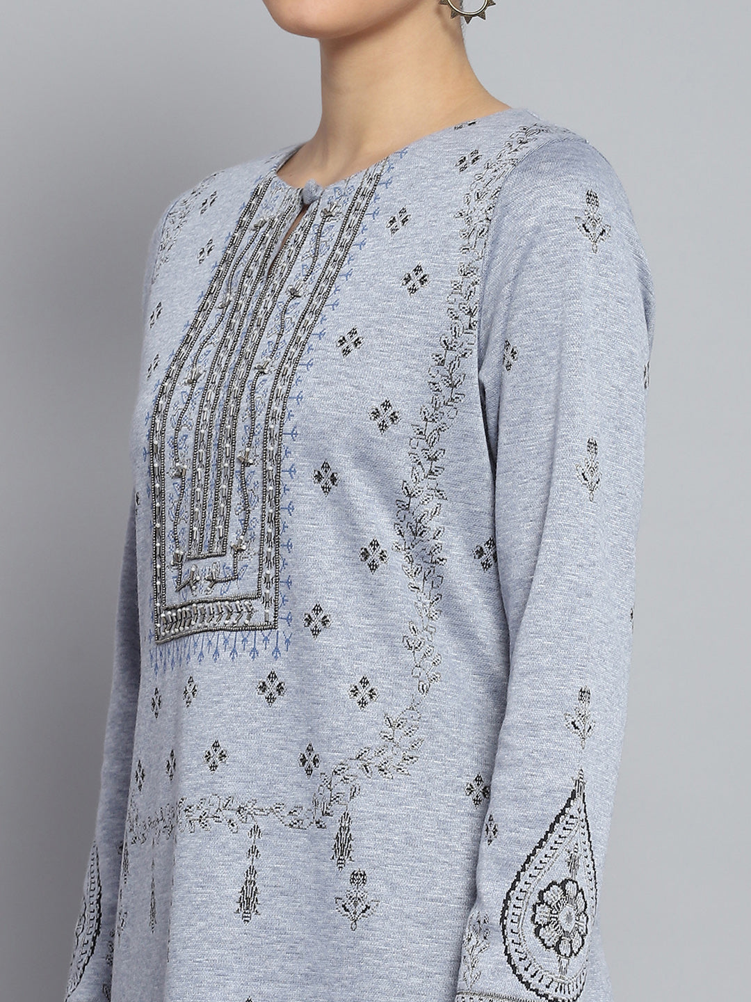 Women Blue Self Design Round Neck Full Sleeve Kurti Set for Winter