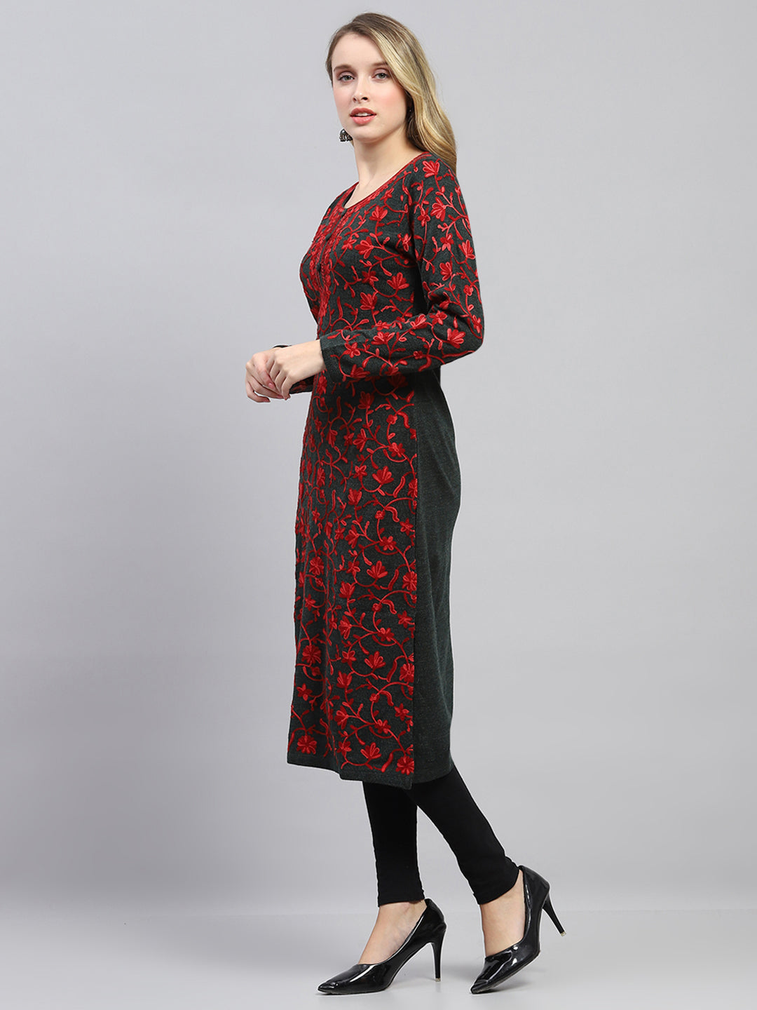 Women Brown Woven Design Round Neck Full Sleeve Winter Kurti