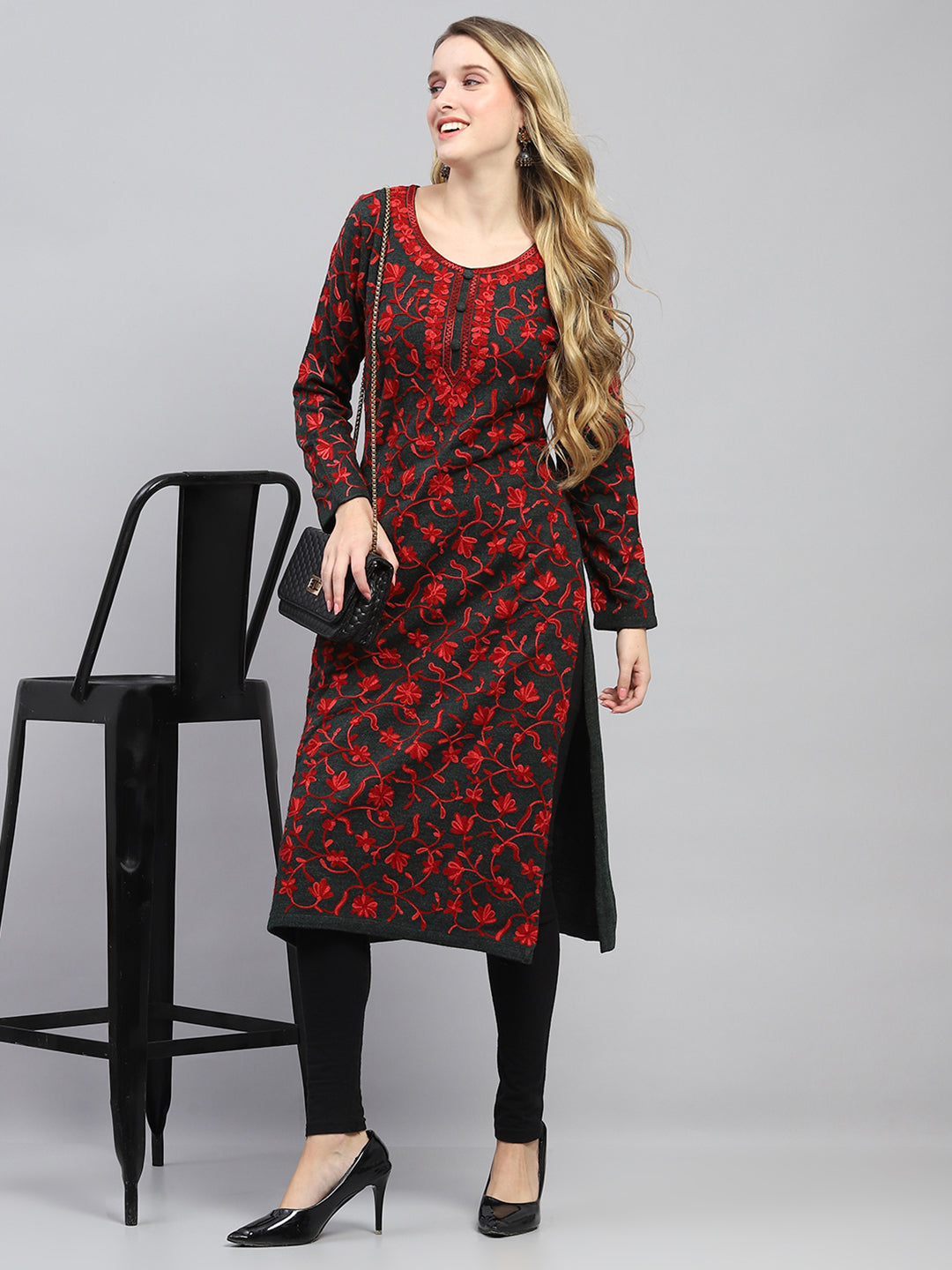 Women Brown Woven Design Round Neck Full Sleeve Winter Kurti