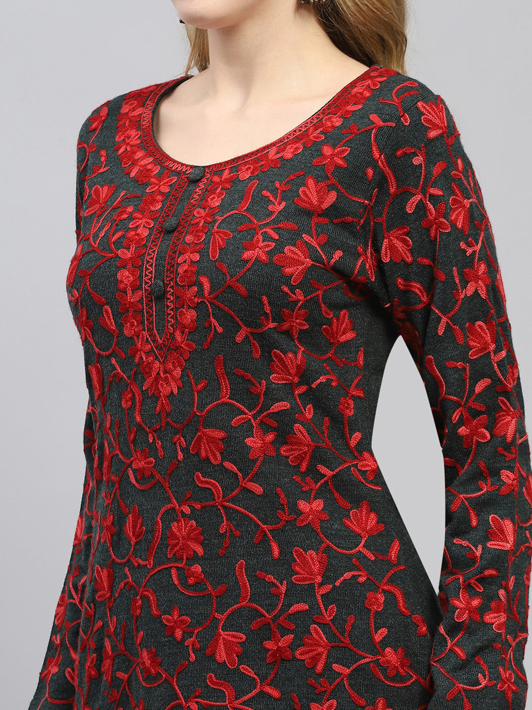 Women Brown Woven Design Round Neck Full Sleeve Winter Kurti