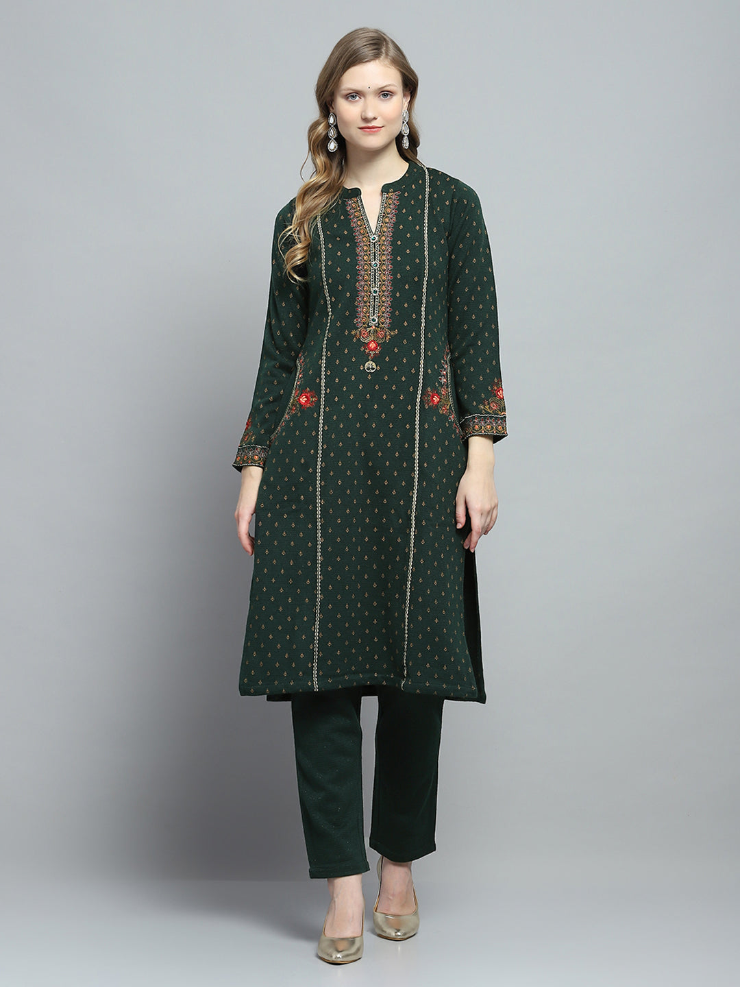 Women Green Self Design Round Neck Full Sleeve Kurti Set for Winter