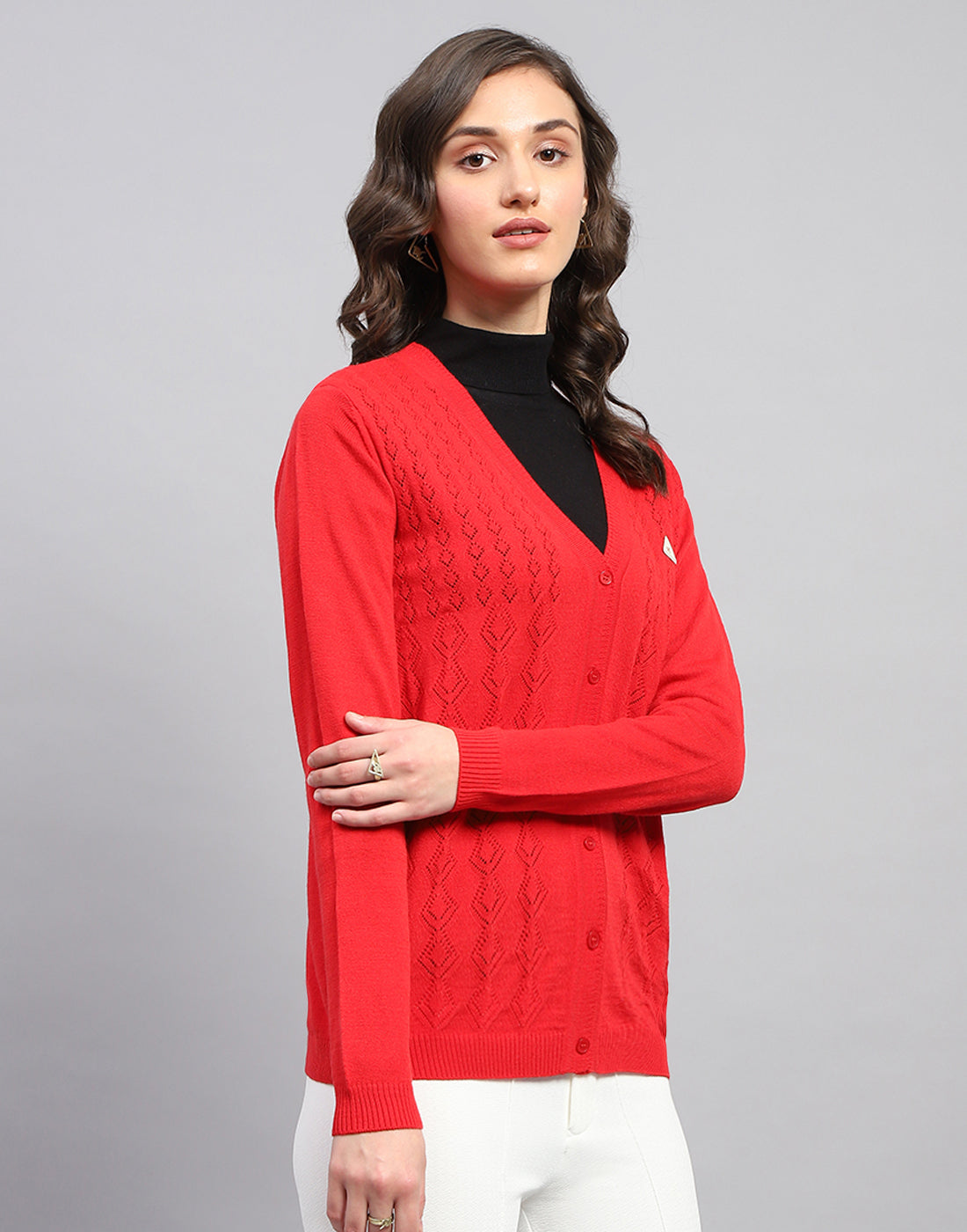 Women Red Self Design V Neck Full Sleeve Cardigan
