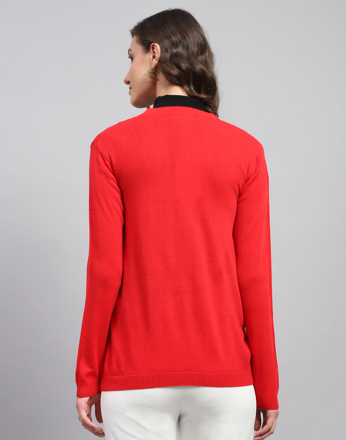 Women Red Self Design V Neck Full Sleeve Cardigan