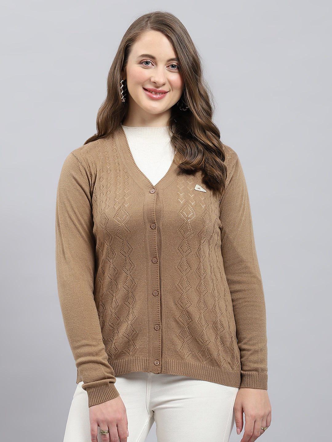 Women Camel Brown Self Design V Neck Full Sleeve Cardigan