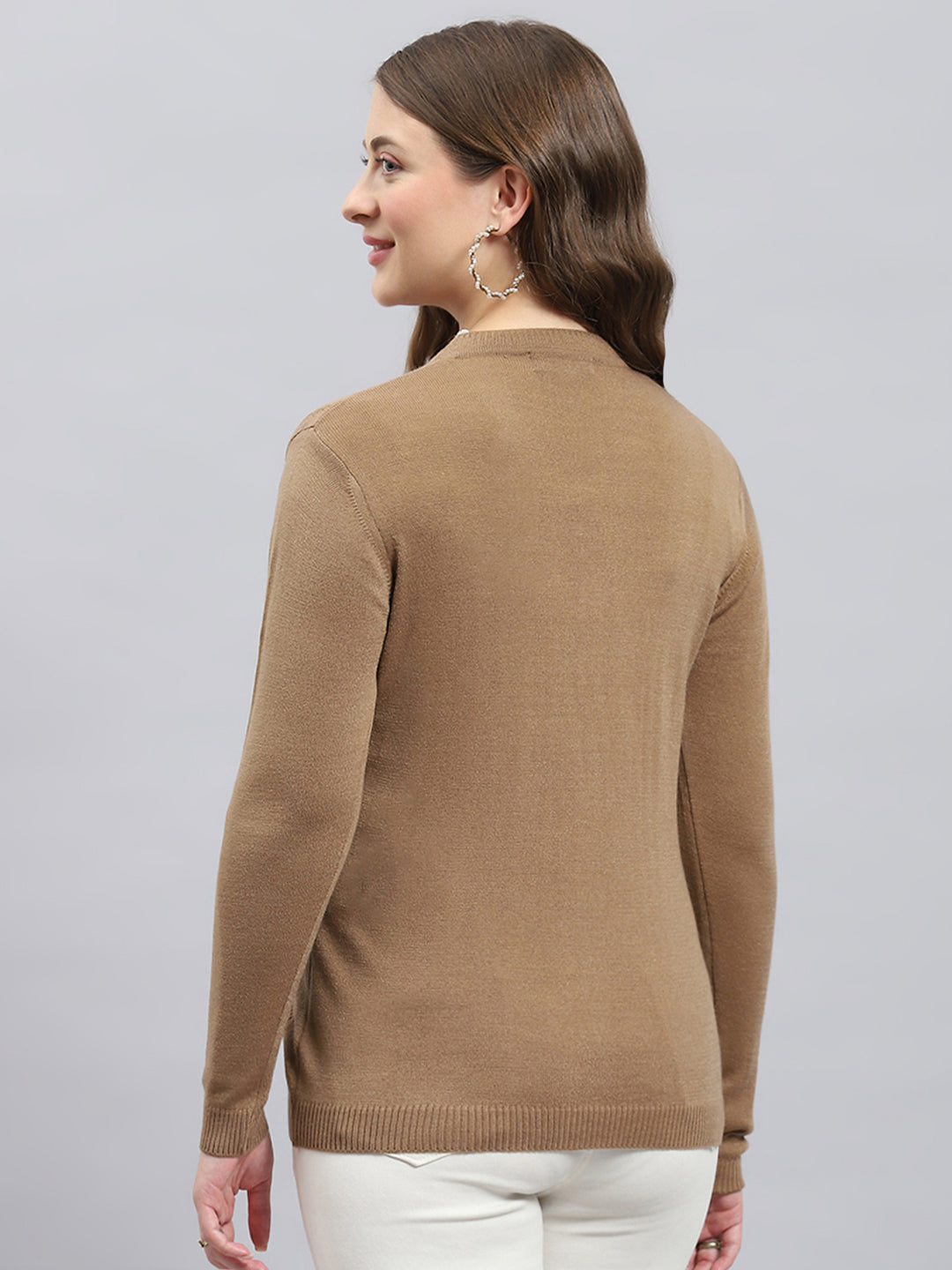 Women Camel Brown Self Design V Neck Full Sleeve Cardigan