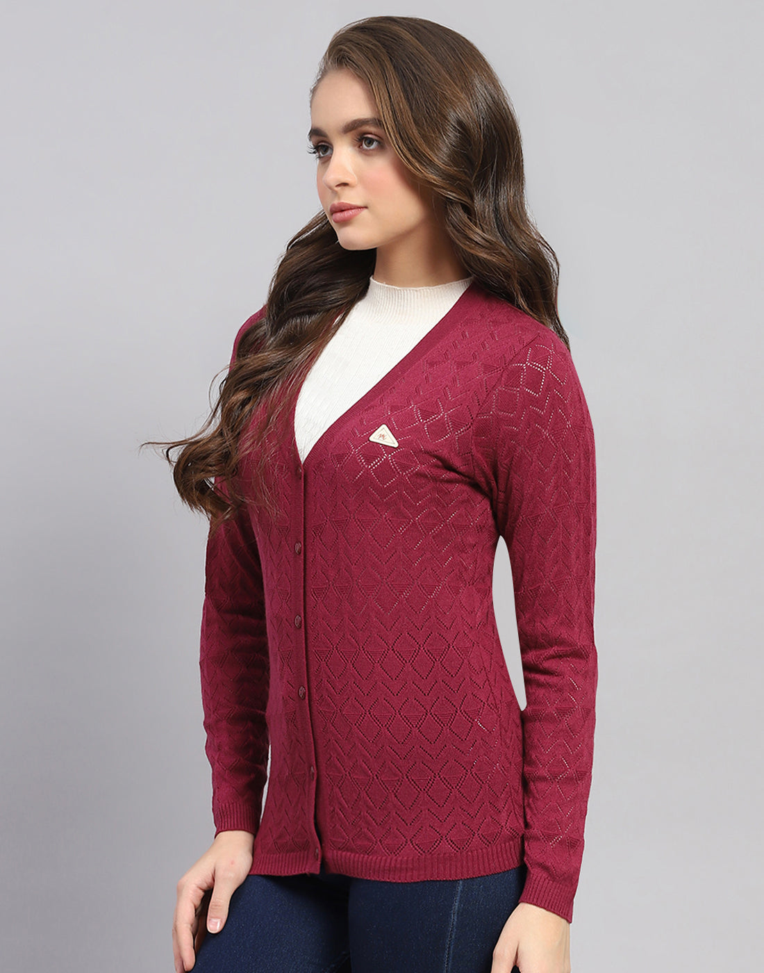 Women Maroon Self Design V Neck Full Sleeve Cardigan